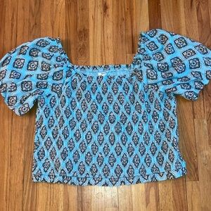 Maurices Blue Patterned Smocked Puff Sleeve Crop Top Plus 3X